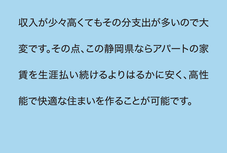 収入が少々高くてもその分支出が多いので大変です。その点、この静岡県ならアパートの家賃を生涯払い続けるより遥かに安く、高性能で快適な住まいを作ることが可能です。